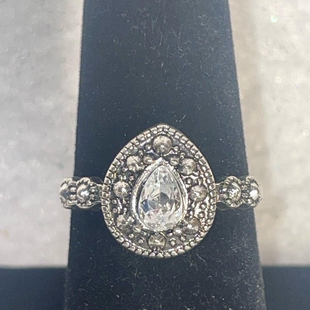 Silver Tone Teardrop Halo Crystal Ring